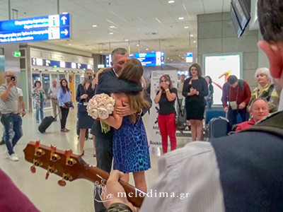Russian wedding proposal with rock music in Athens International Airport